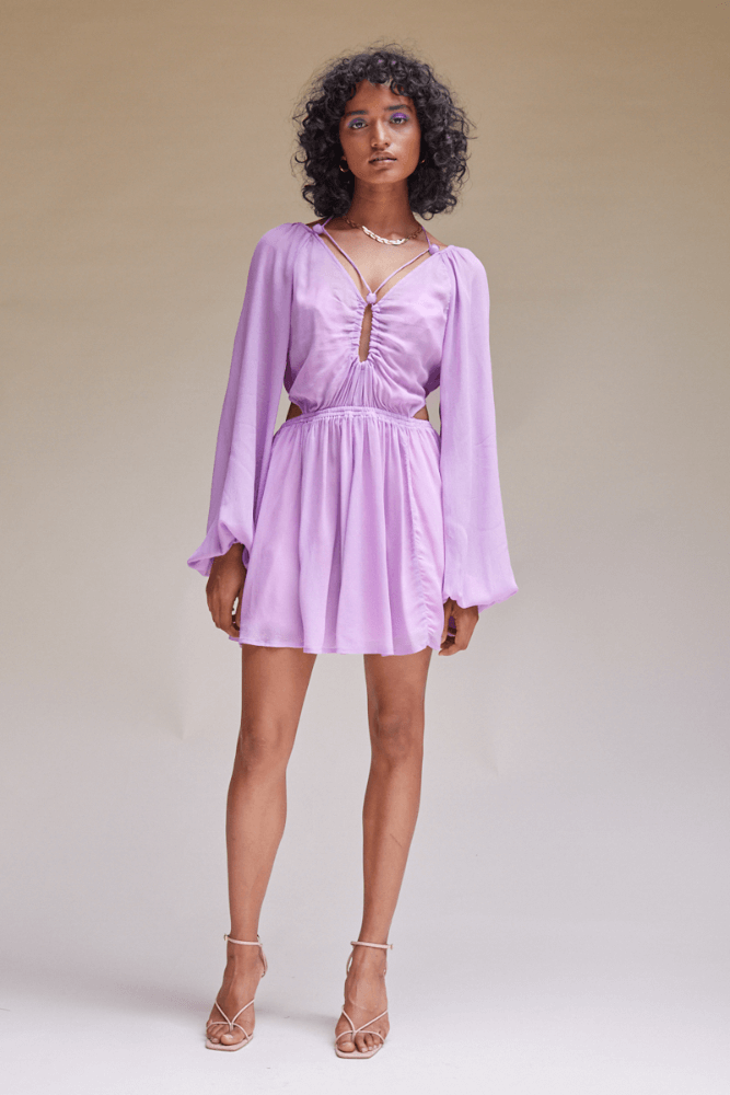 Vela Sheer Long Sleeve Cut Out Mini Dress Lilac